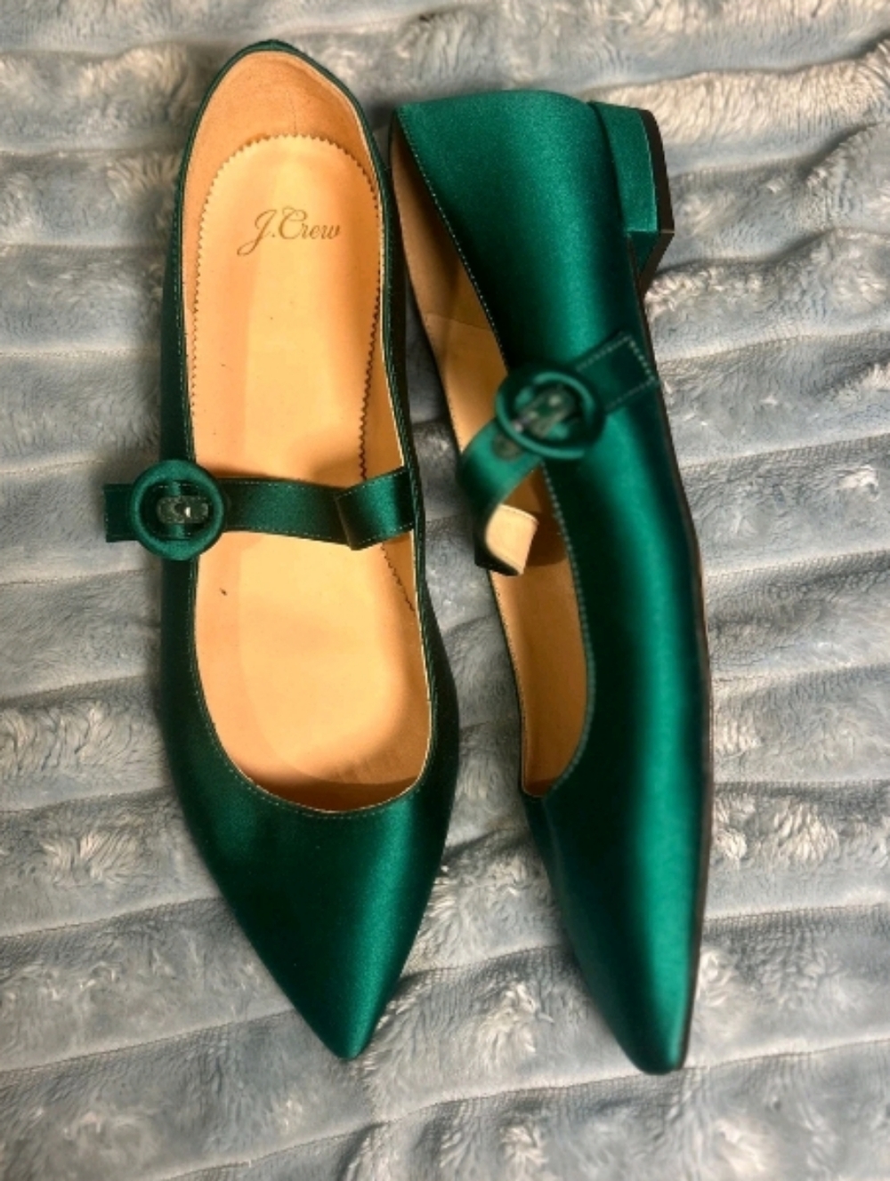 J. Crew Emerald Satin Pointed Mary Jane Flats; NWOT - Picture 3 of 5